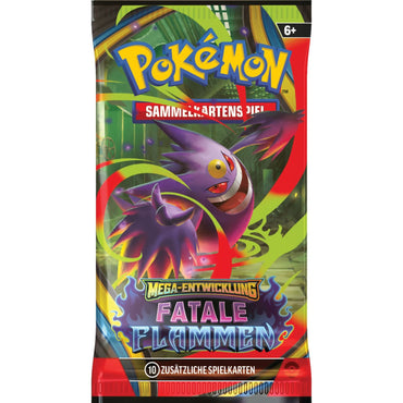 Pokémon Fatale Flammen Booster – Deutsch, mit Mega-Glurak X und Mega-Gengar Artwork, enthält 10 Karten.