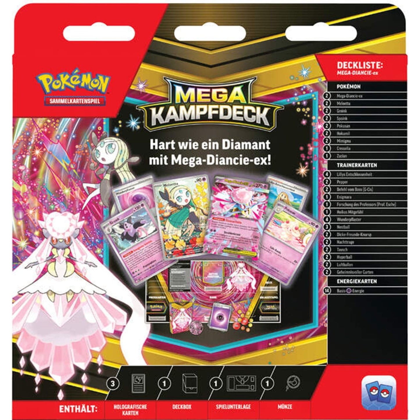 Pokémon Mega-Kampfdeck Mega-Diancie-ex – deutsches Deck mit Meloetta-Promo, Münze und Spielunterlage.