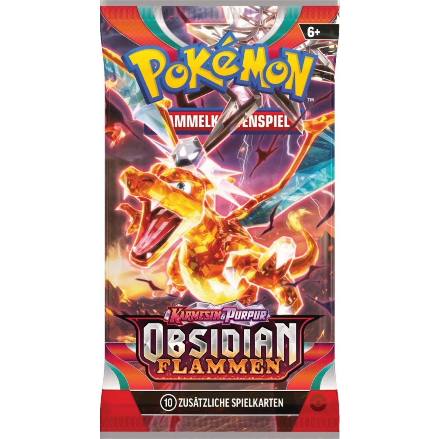 Pokémon Karmesin & Purpur: Obsidianflammen Booster – Deutsch, mit Glurak-ex Artwork und 10 enthaltenen Karten.