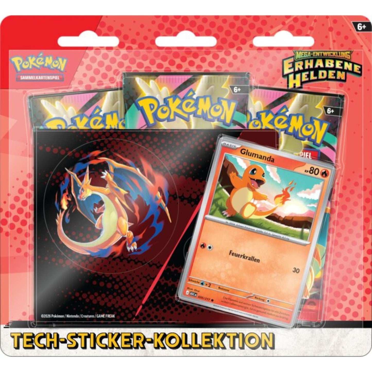 Pokémon Erhabene Helden Tech-Sticker-Kollektion Glumanda mit 3 Boostern und holografischer Promokarte. mit 3 Boostern und holografischer Promokarte.