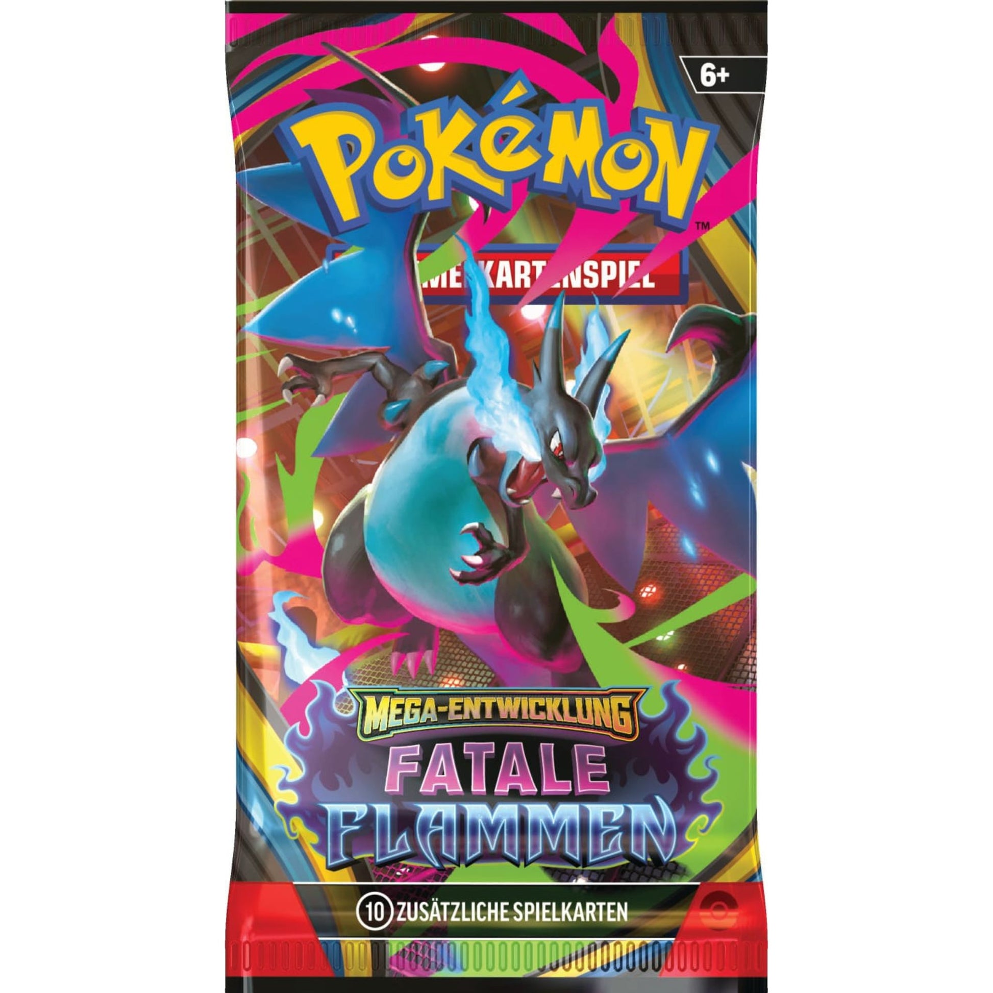 Pokémon Fatale Flammen Booster – Deutsch, mit Mega-Glurak X und Mega-Gengar Artwork, enthält 10 Karten.