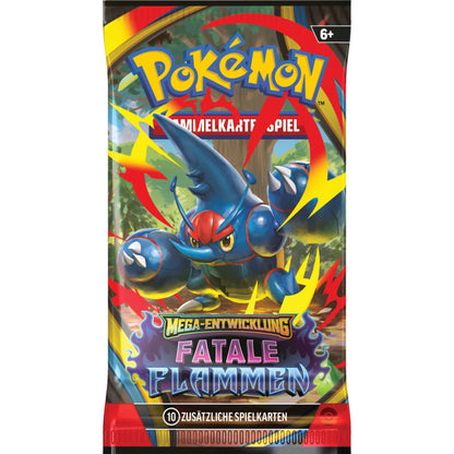 Pokémon Fatale Flammen Booster – Deutsch, mit Mega-Glurak X und Mega-Gengar Artwork, enthält 10 Karten.