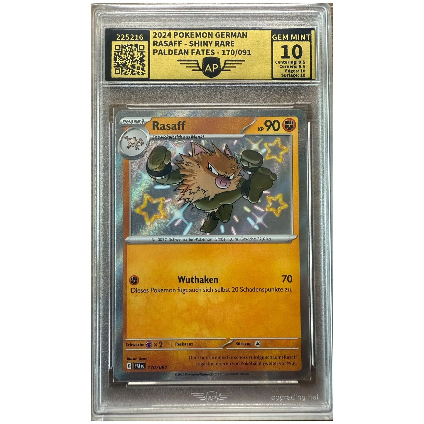 AP 10 Rasaff Shiny Rare (170/091) – Deutsche Pokémon-Karte aus Paldean Fates im AP-Slab.