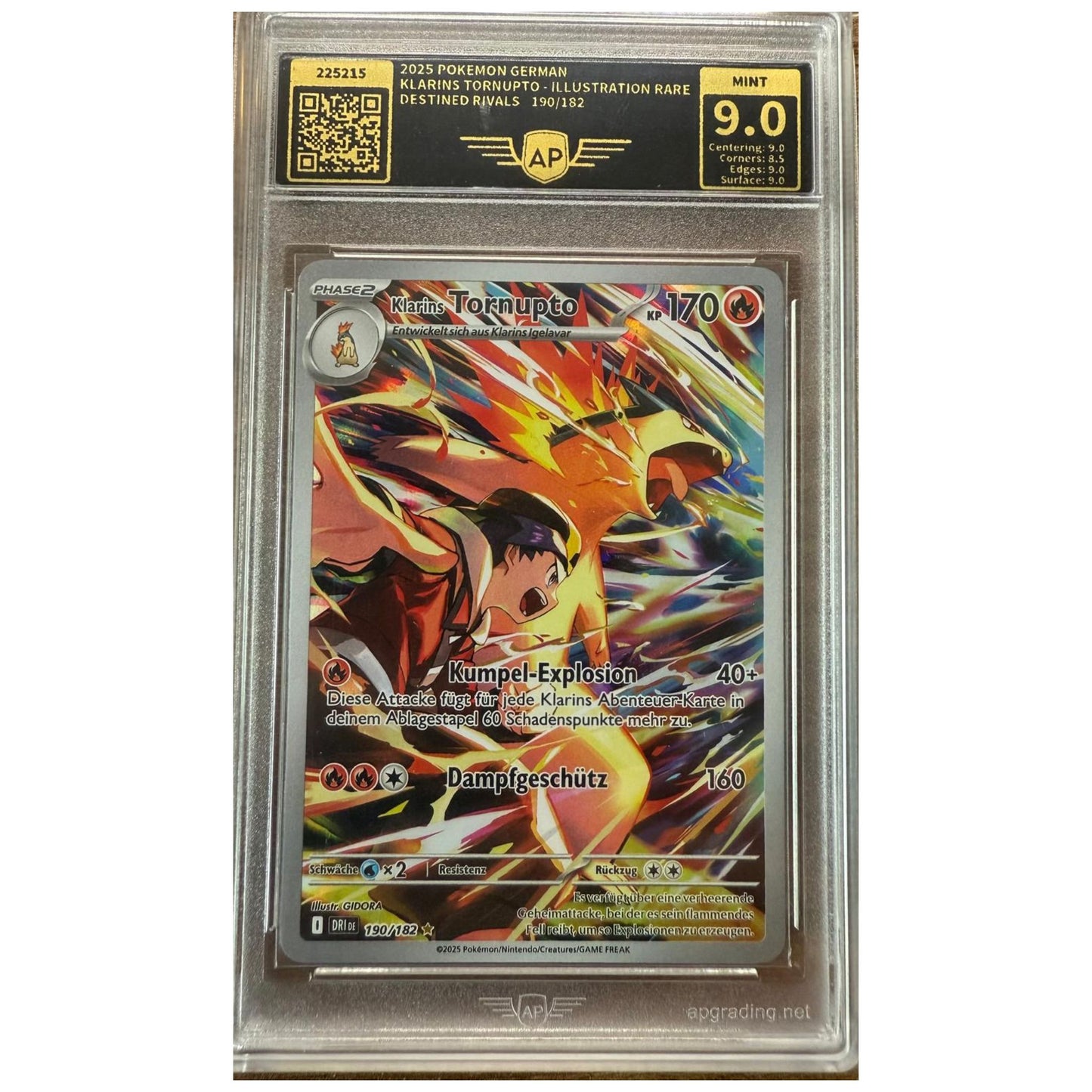 AP 9.0 Klarins Tornupto Illustration Rare (190/182) – Deutsche Pokémon-Karte aus Destined Rivals im AP-Slab.