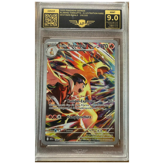 AP 9.0 Klarins Tornupto Illustration Rare (190/182) – Deutsche Pokémon-Karte aus Destined Rivals im AP-Slab.