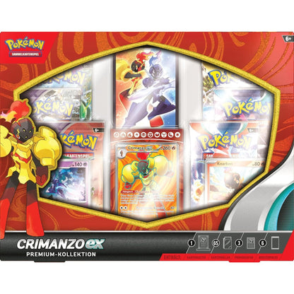 Pokémon Crimanzo ex Premium Kollektion – Box mit Promokarten, Boostern und Kartenhüllen im Crimanzo-&-Azugladis-Design.
