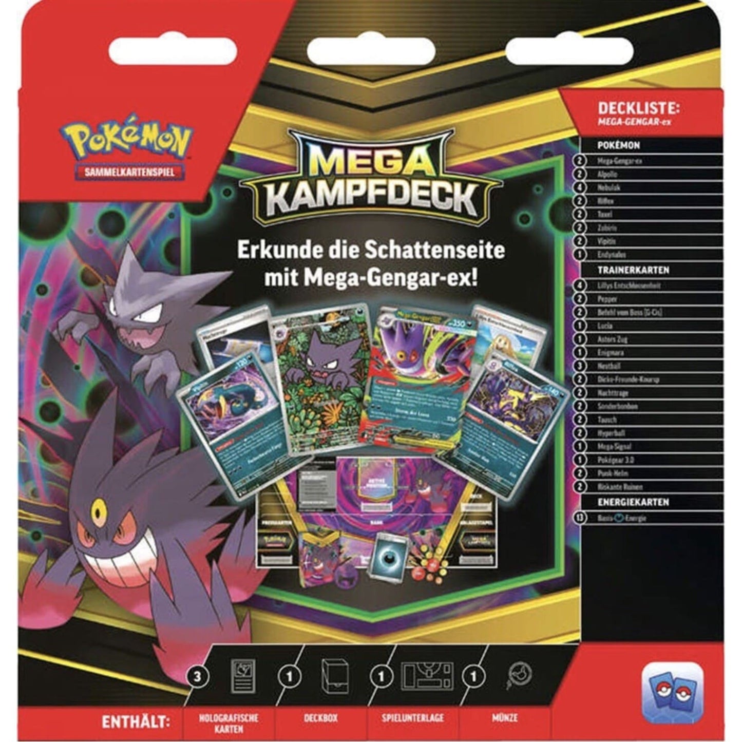 Pokémon Mega-Kampfdeck Mega-Gengar-ex – deutsches 60-Karten-Deck mit Alpollo-Promo, Münze und Zubehör.