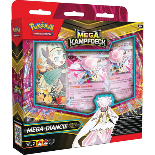 Pokémon Mega-Kampfdeck Mega-Diancie-ex – deutsches Deck mit Meloetta-Promo, Münze und Spielunterlage.