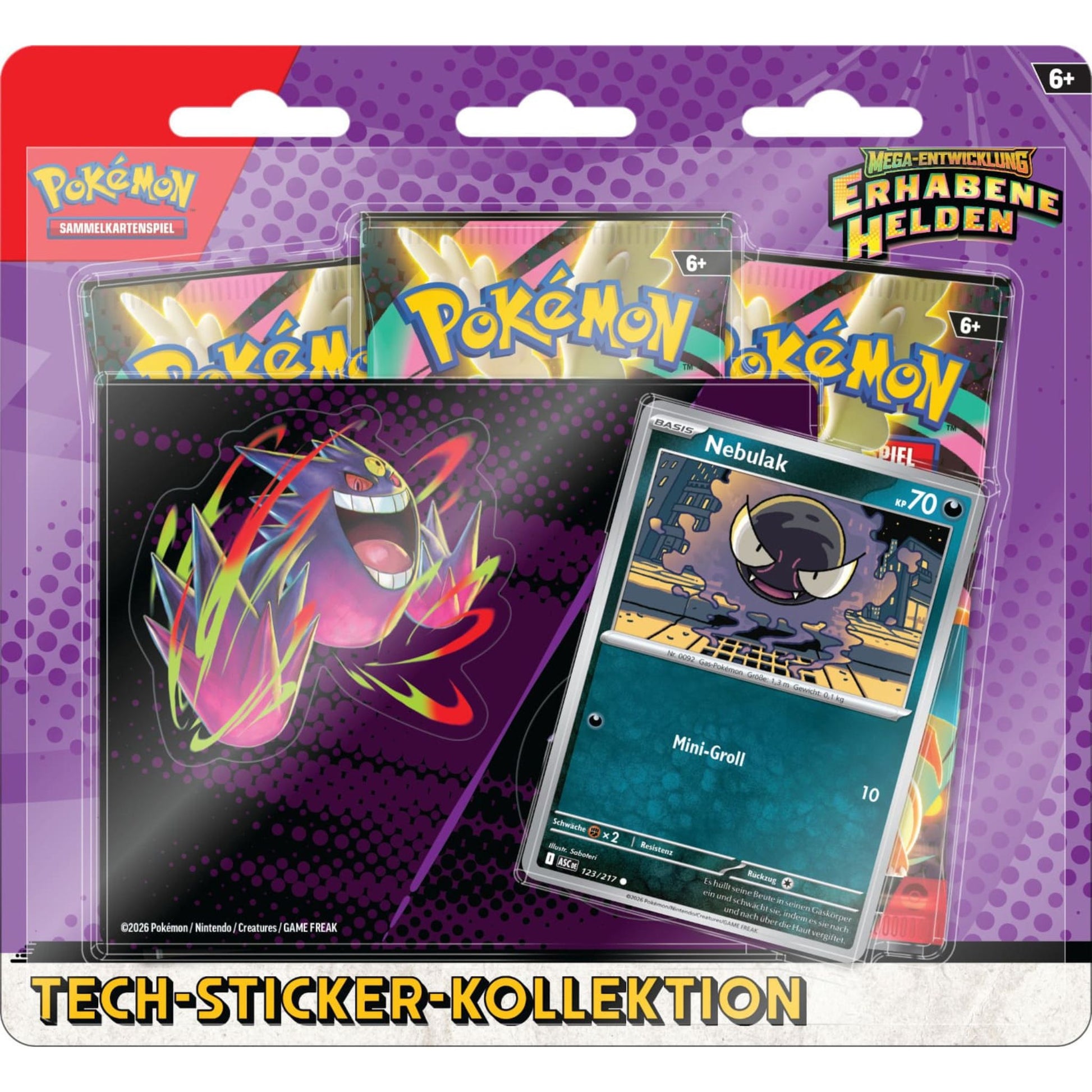 Pokémon Erhabene Helden Tech-Sticker-Kollektion Nebulak mit 3 Boostern und holografischer Promokarte.