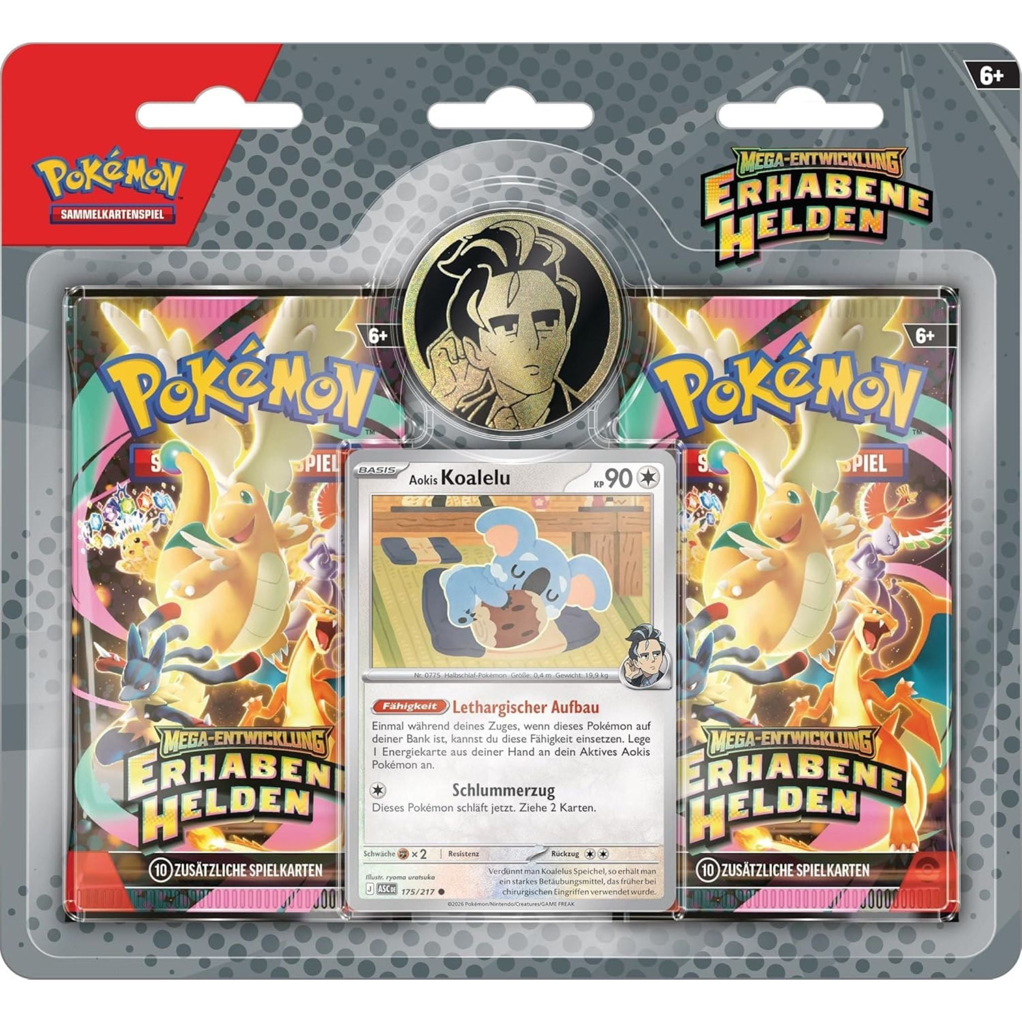 Pokémon Erhabene Helden Trainer-Blister Aokis Koalelu mit 2 Boostern und Holo-Promokarte.
