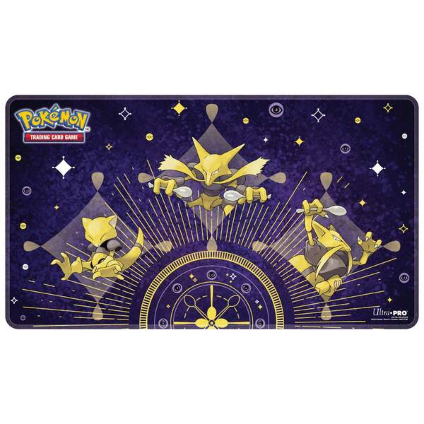 Pokémon Abra, Kadabra & Simsala Spielmatte – Stitched Playmat mit Premiumstoffoberfläche und rutschfester Gummirückseite (60×34 cm).