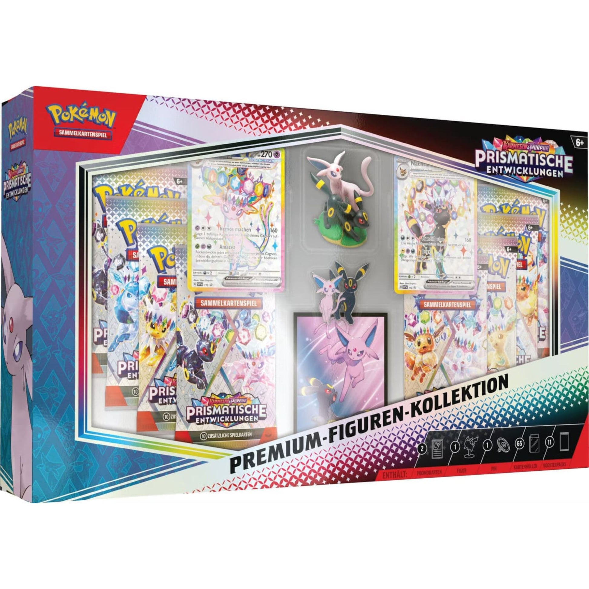 Pokémon Prismatische Entwicklungen Premium-Figuren-Kollektion – Box mit Nachtara-ex, Psiana-ex, Figur, Hüllen und 11 Boostern.